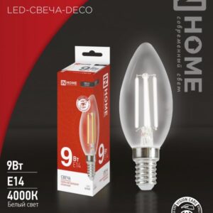 Лампа сд LED-СВЕЧА-deco 9Вт 230В Е14 4000К 1040Лм прозрачная IN HOME
