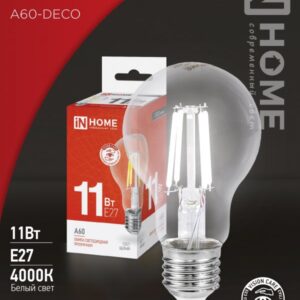 Лампа сд LED-A60-deco 11Вт 230В Е27 4000К 1160Лм прозрачная IN HOME