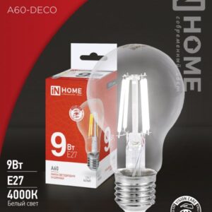 Лампа сд LED-A60-deco 9Вт 230В Е27 4000К 1040Лм прозрачная IN HOME