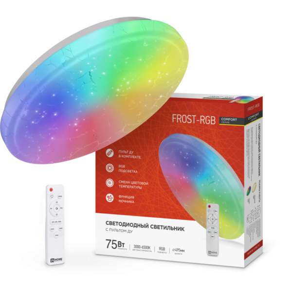 Светильник сд COMFORT FROST-RGB 75Вт 230В 3000-6500K 4400Лм 495x85мм с пультом ДУ IN HOME