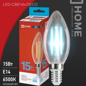 Лампа светодиодная LED-СВЕЧА-deco 15Вт 230В Е14 6500К 1455Лм прозрачная IN HOME