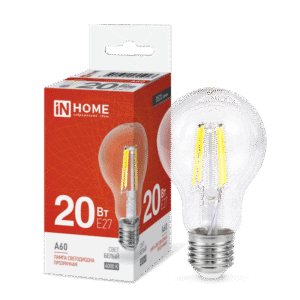 Лампа светодиодная LED-A60-deco 20Вт 230В Е27 4000К 1890Лм прозрачная IN HOME