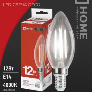 Лампа светодиодная LED-СВЕЧА-deco 12Вт 230В Е14 4000К 1350Лм прозрачная IN HOME