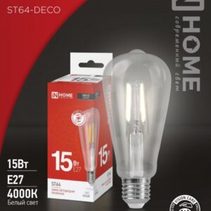 Лампа светодиодная LED-ST64-deco 15Вт 230В Е27 4000К 1720Лм прозрачная IN HOME